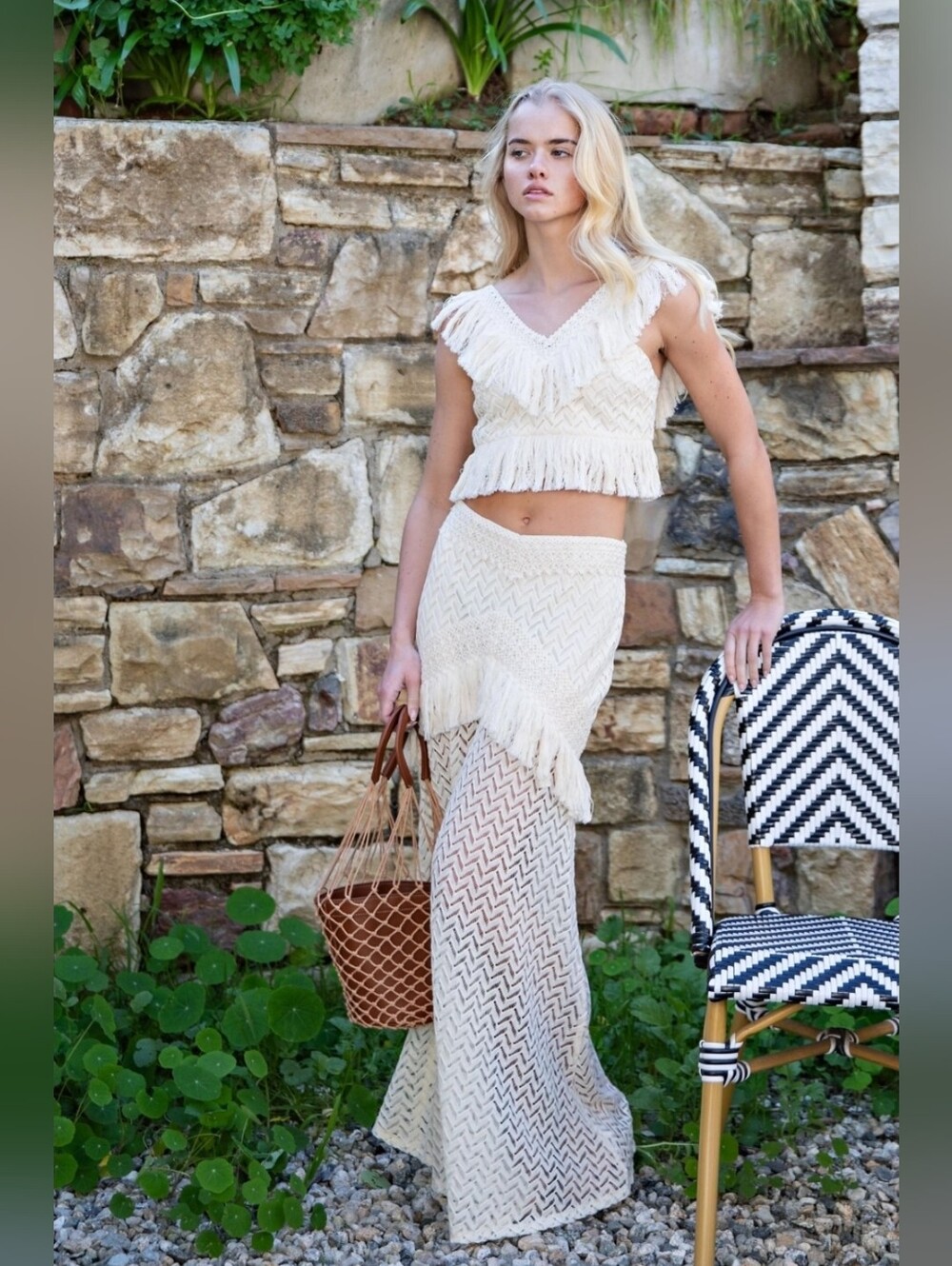 Fringed Crochet Top & Maxi Skirt Set- Cream